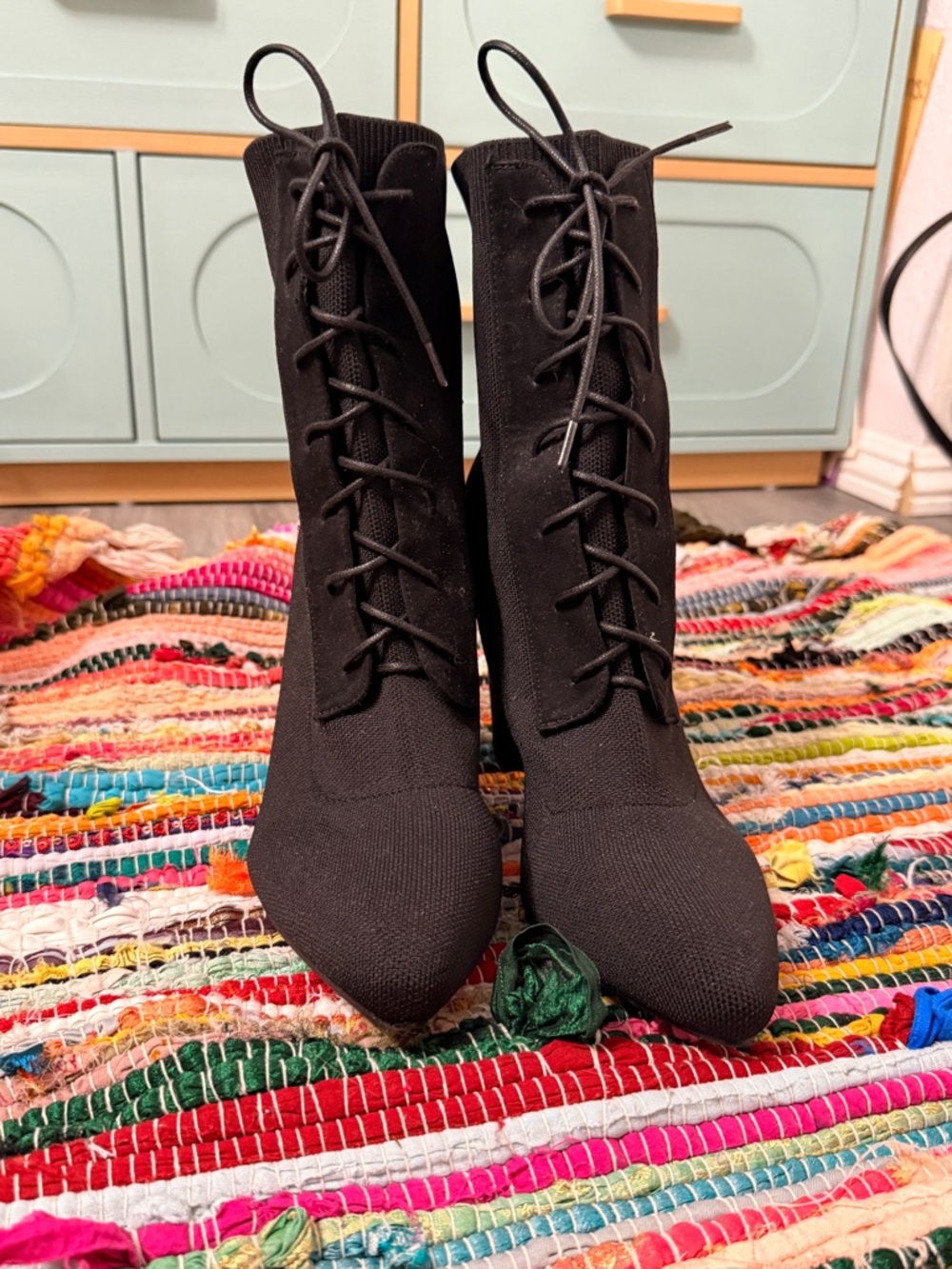 Women's Black Lace-Up Sock Ankle Booties
